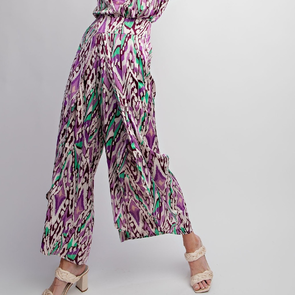 NWT EASEL Bohemian Purple Pattern Satin Wide Leg Pants S M L